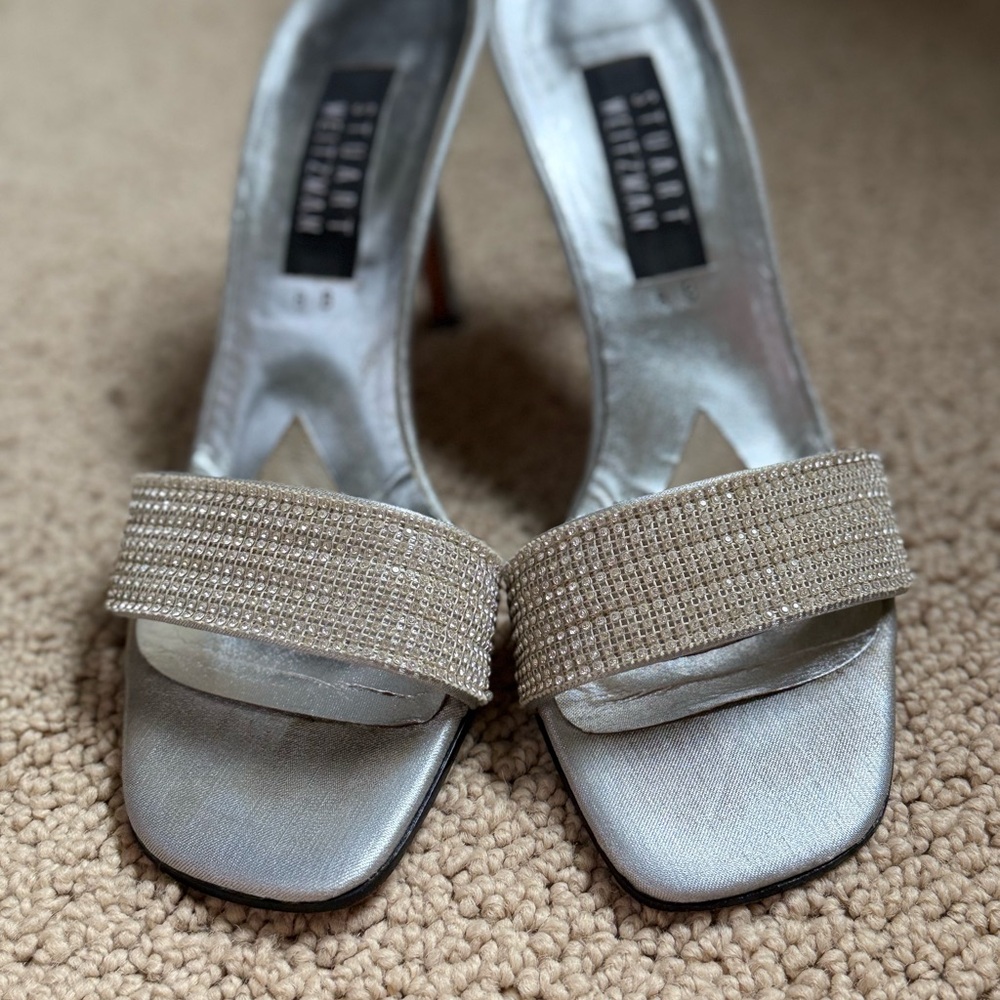 Stuart Weitzman Silver Heels with Embellished Strap